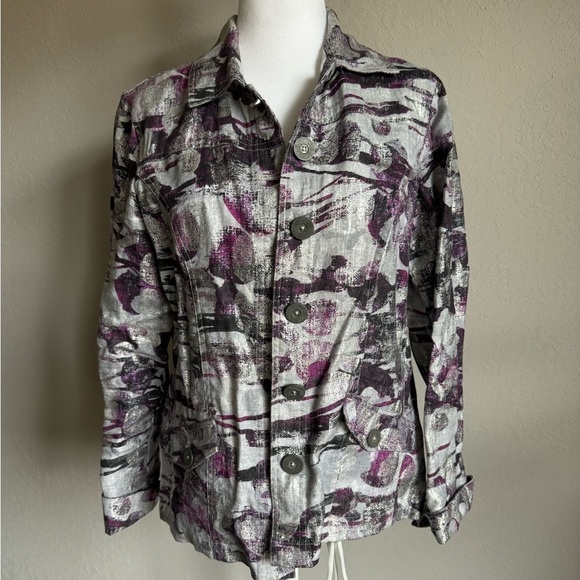 Chico’s Purple and Gray Metallic Printed Linen Lightweight Blazer Women’s 0 (S) - Picture 1 of 4